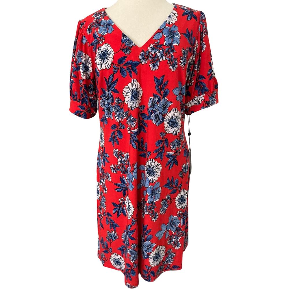 Tommy Hilfiger Slip On Dress Red w/White & Blue Flower print V neck